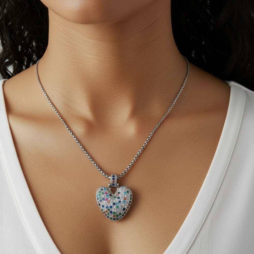 Multicolor Zircon White 18K Gold Plated Heart Pendant Necklace 18 Inch Chain